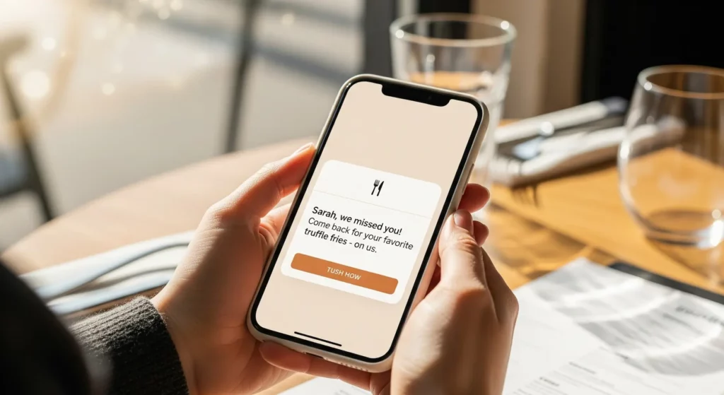 Hands holding a smartphone displaying a restaurant app notification with the message "Sarah, we missed you! Come back for your favorite truffle fries – on us" and an orange button, at a café table with water glasses and papers.
