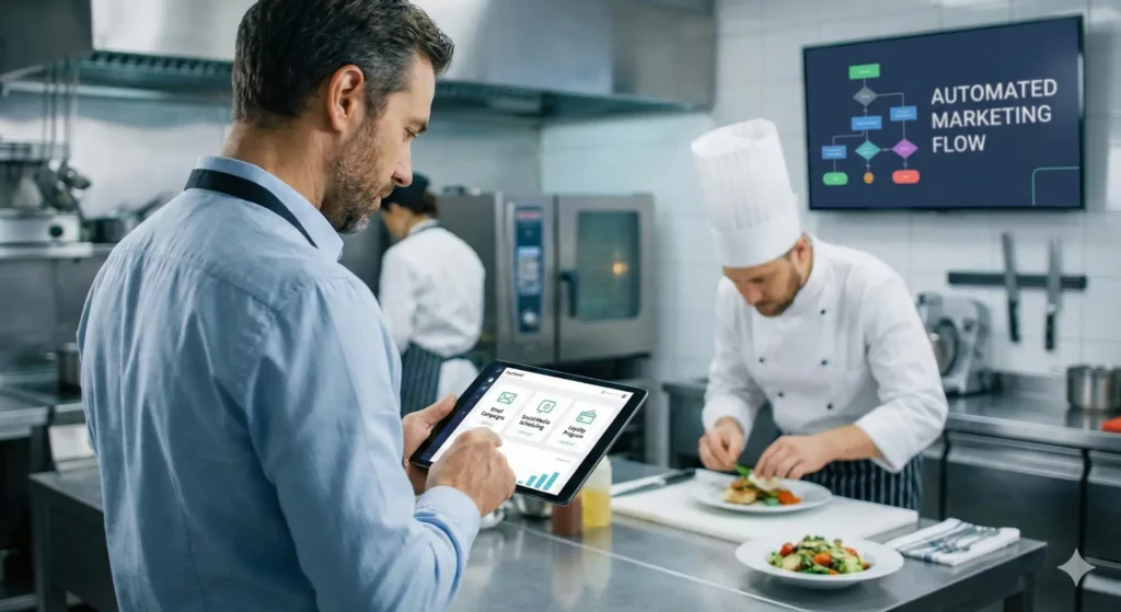 Restaurant manager in a blue shirt reviews a marketing dashboard on a tablet showing Email Campaigns, Social Media Scheduling, and Loyalty Program options, while a chef in white plates dishes in a commercial kitchen. A screen in the background displays "Automated Marketing Flow" with a flowchart diagram.